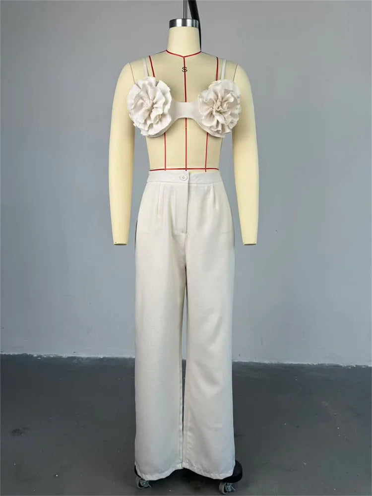 Weird Puss Vacation Beach Style 2 Piece Set Women Ruched Flower Bra Tops+Button Waist Straight Pants Fashion Sexy Trend Outfits