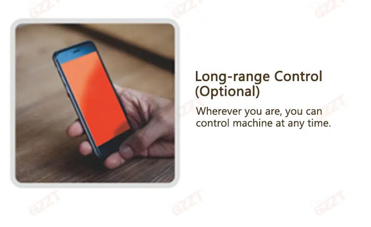 Smartphone showing GZZT coffee machine remote control app interface for long-range brewing and settings management.