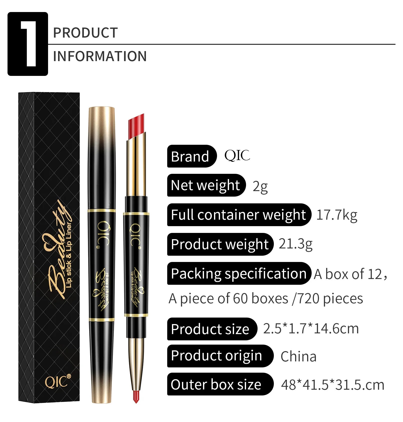 QIC 2-in-1 waterproof matte lipstick and lip liner pencil in red, featuring a slim double-ended design.