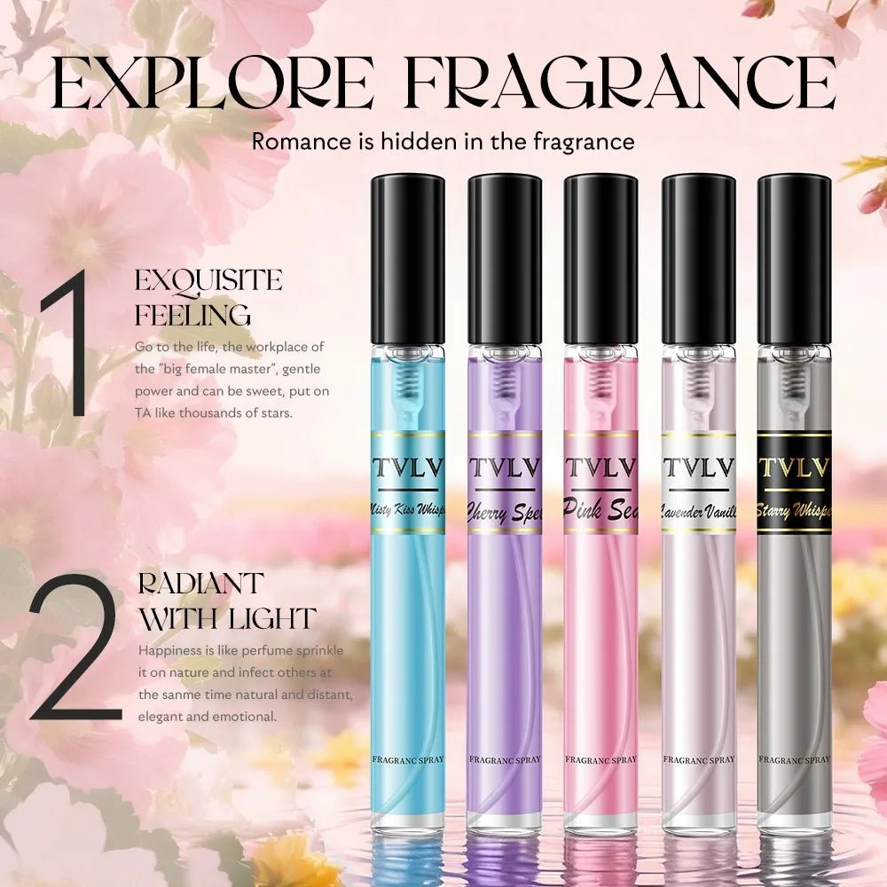TVLV luxury women's fragrance set: 5 floral fruity vanilla scent spray pens in slim cylindrical glass bottles.