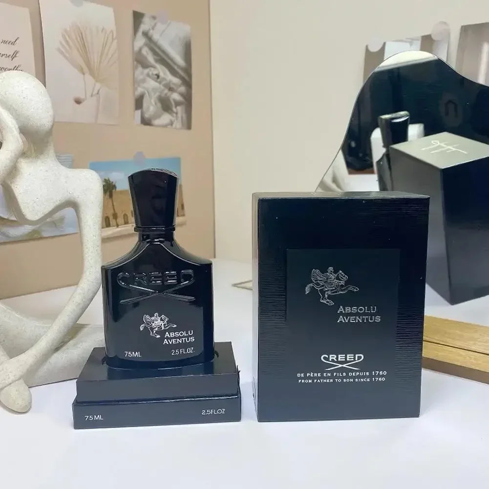 Creed Absolu Aventus EDP: Unisex 75ml black glass perfume bottle and gift box, luxury fragrance, signature brand logo.