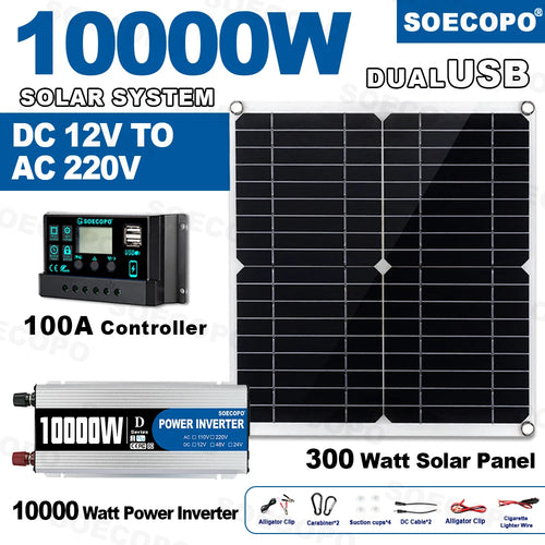 10000W solar kit includes 300W black panel, silver power inverter, 100A controller, cables, clips, and suction cups.