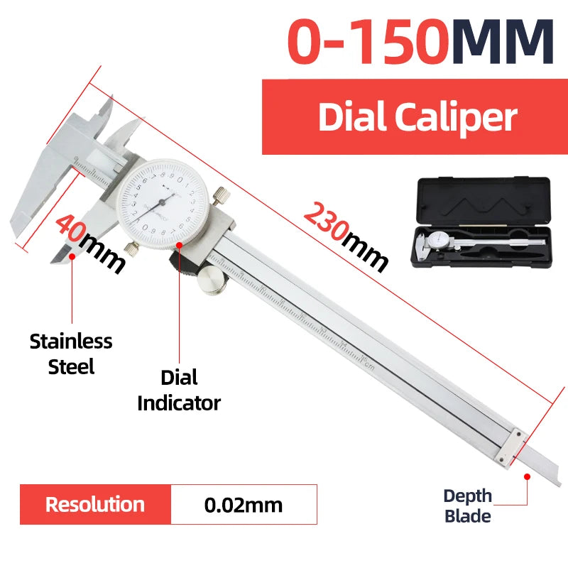 Dial caliper with round dial indicator, stainless steel frame, and depth blade