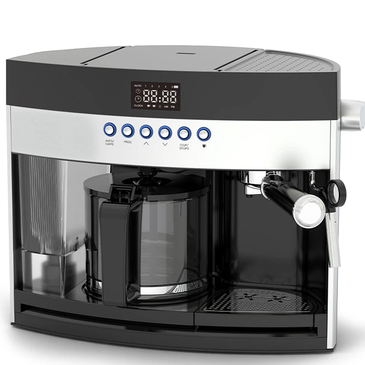 Black and silver digital combo coffee maker with glass carafe, espresso portafilter, and programmable timer display.