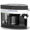 Black and silver digital combo coffee maker with glass carafe, espresso portafilter, and programmable timer display.