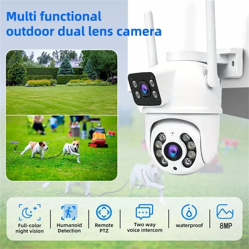 8MP 4K Dual Lens with Dual Screen Wifi Camera PTZ Wireless Outdoor Surveillance Camera Ai Human Detect Auto Tracking V380 App
