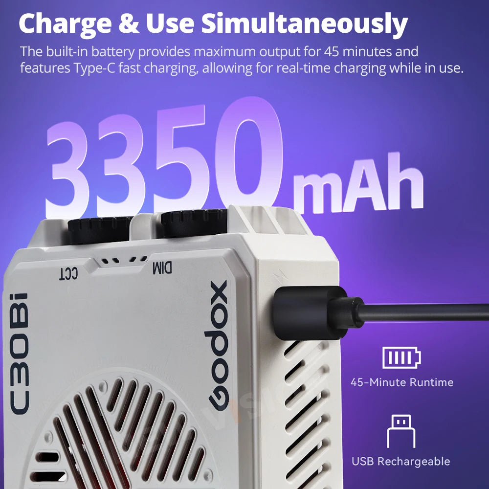 White, rectangular C30Bi LED light panel with USB-C charging port, dual control dials, and built-in battery.