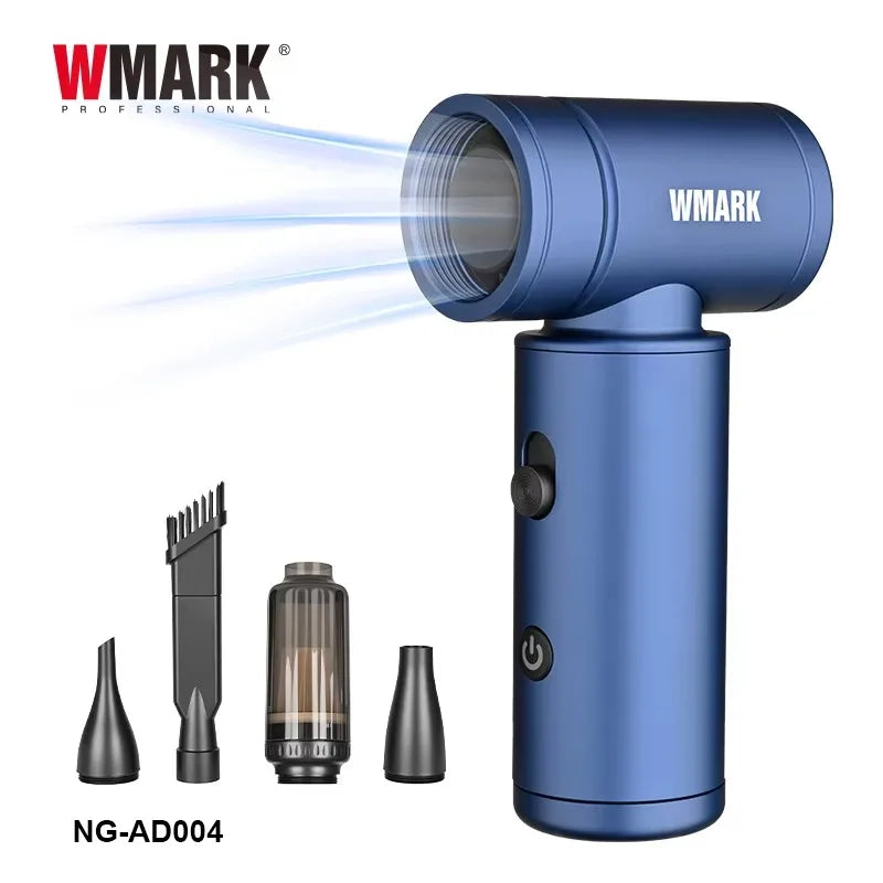 WMARK NG-AD004 blue handheld vacuum and hair dryer with various nozzles for professional cleaning and styling tasks.