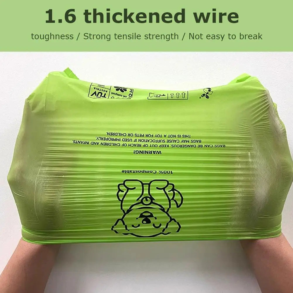 Durable green 100% compostable poop bags for pets, tear-resistant material for clean and eco-friendly waste pickup.