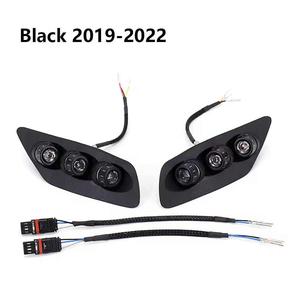 LED integrated tail light and turn signal pair, black housings with clear lenses, wiring harness