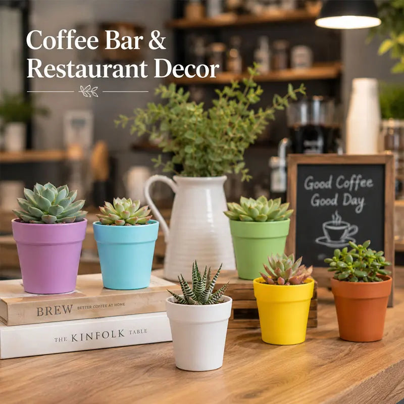 Mini round plastic succulent pots in pastel purple, teal, green, white, and yellow on a counter
