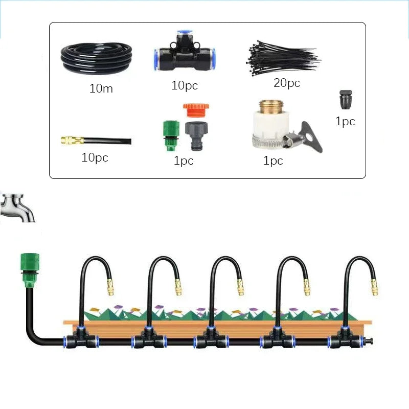Irrigation sprinkler line with fittings, green connector, and assorted nozzles for multiple outlets