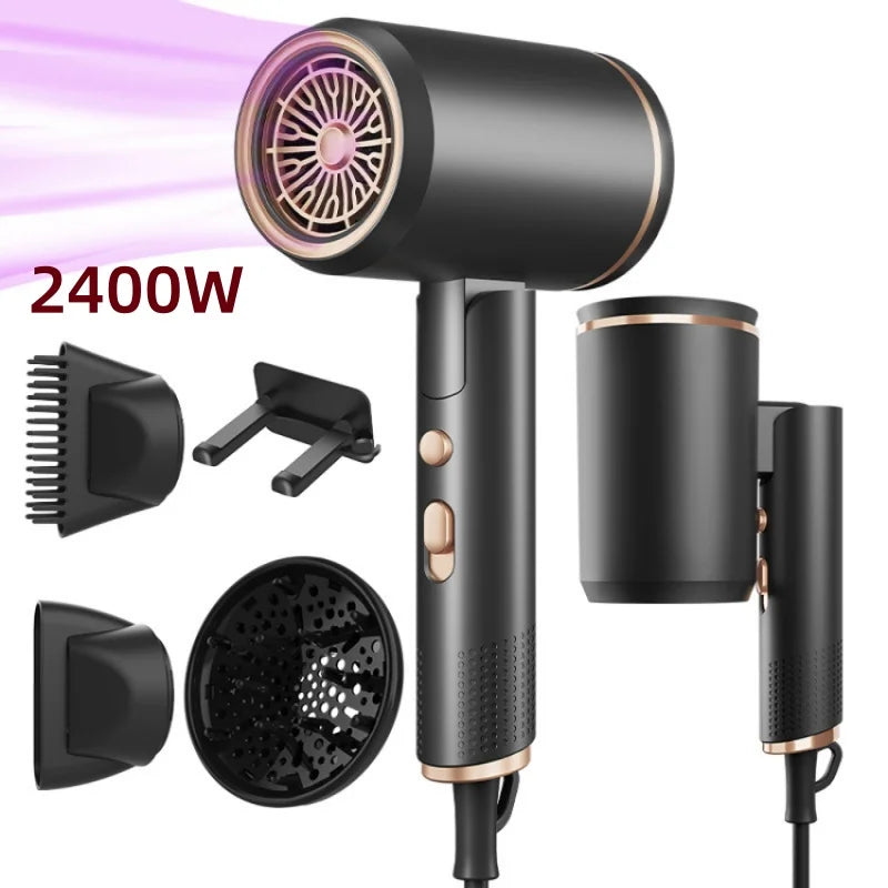 Black foldable 2400W negative ion hair dryer with nozzle attachments and diffuser for salon-quality drying at home.