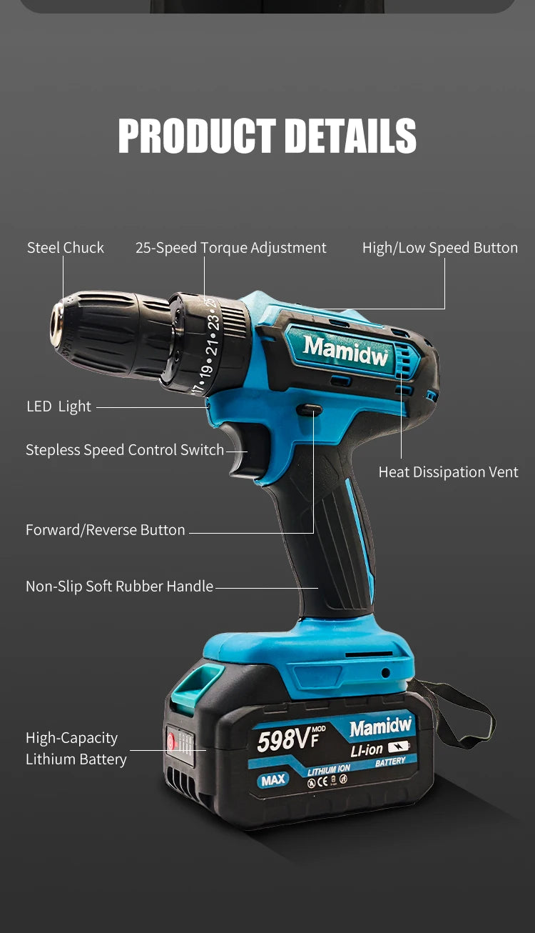 Mamidw Cordless Electric Drill 25N.M Max Torque 1150RPM 3/8 Inch 10mm Chuck Rechargeable Hand Drill for Household Furniture Assembly Wood Metal Drilling DIY Power Tools