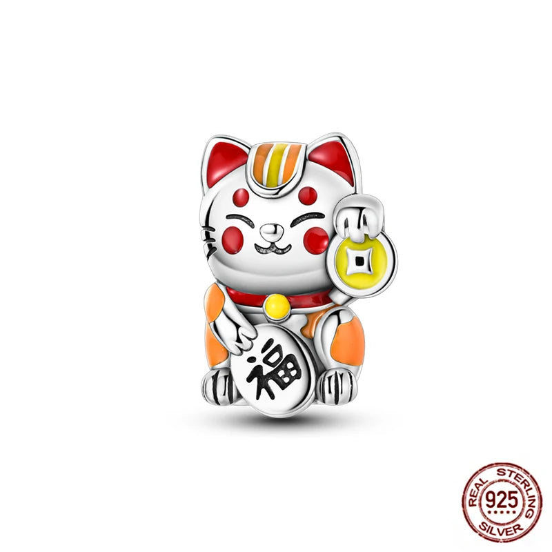 Lucky cat charm in 925 sterling silver with colorful enamel for DIY bracelets, perfect for pet lovers and jewelry gift.