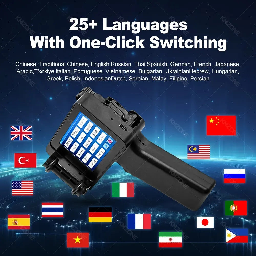 Black handheld inkjet label printer angled forward with bright color touchscreen display