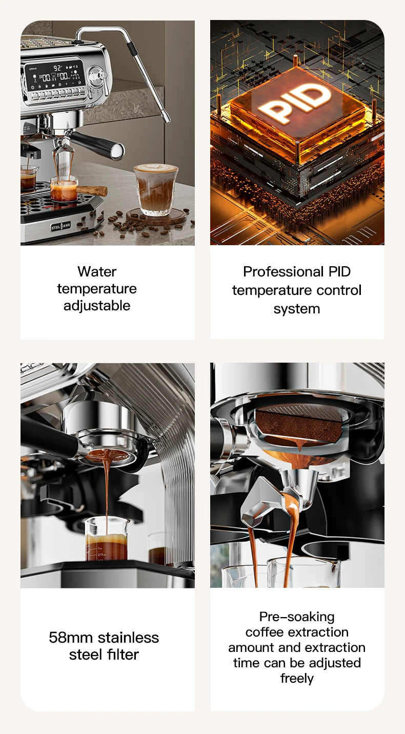 Stelang stainless steel espresso machine with PID temperature control, 58mm filter, and adjustable extraction settings.