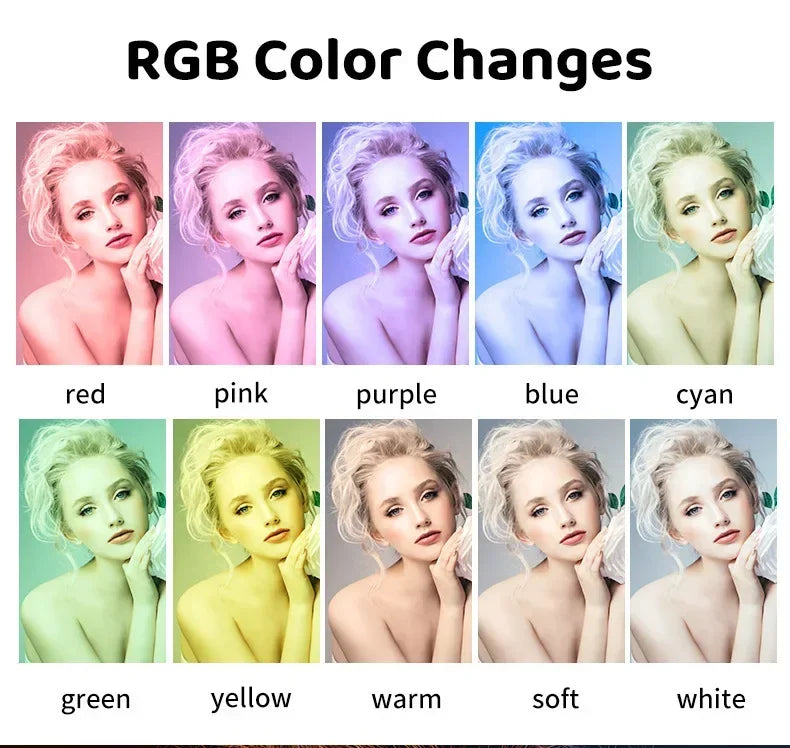 Grid showing a woman's portrait displayed in ten distinct RGB color lighting modes, from red and blue to warm and white.