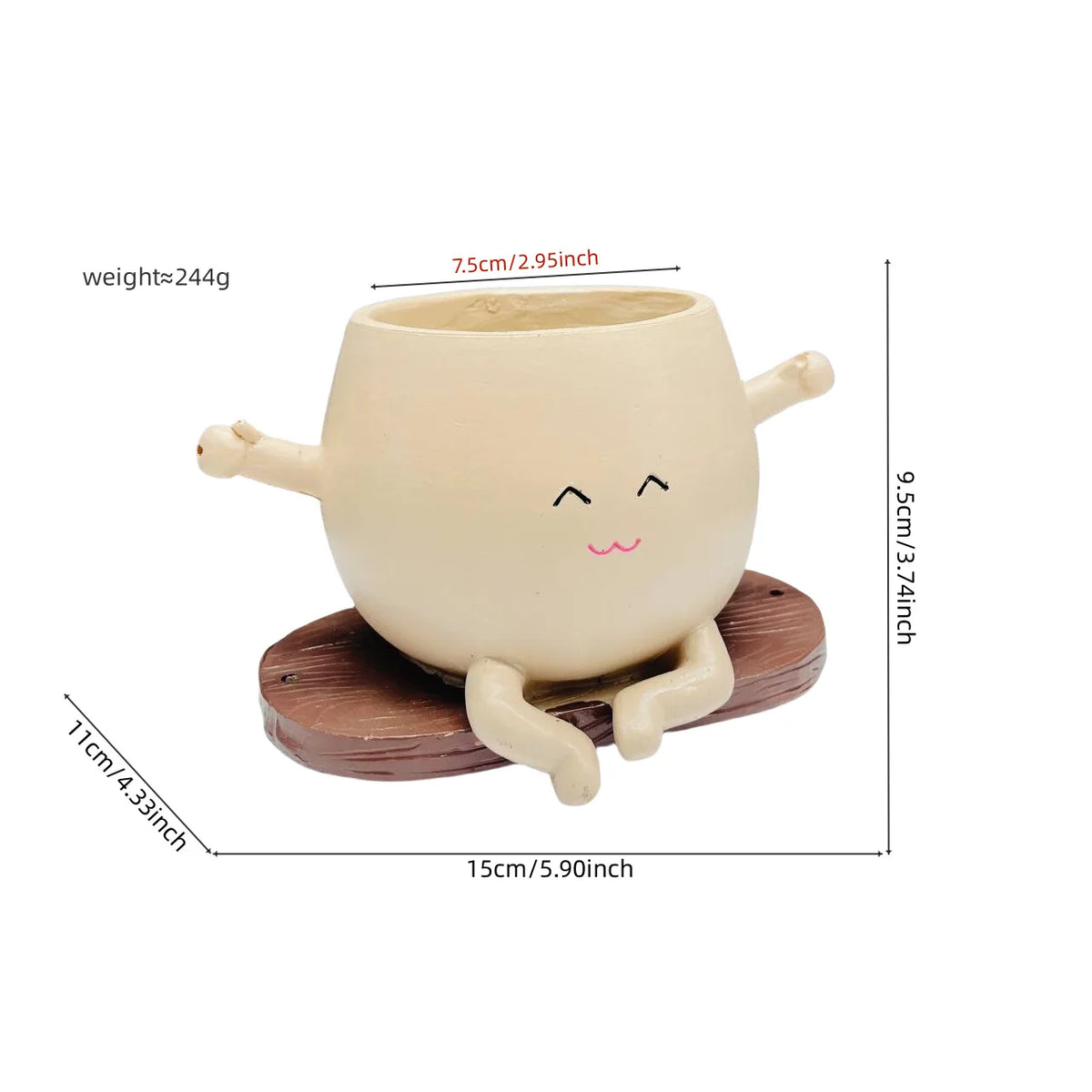 Cream mini succulent planter pot with smiling face, arms raised and round wooden base diagram