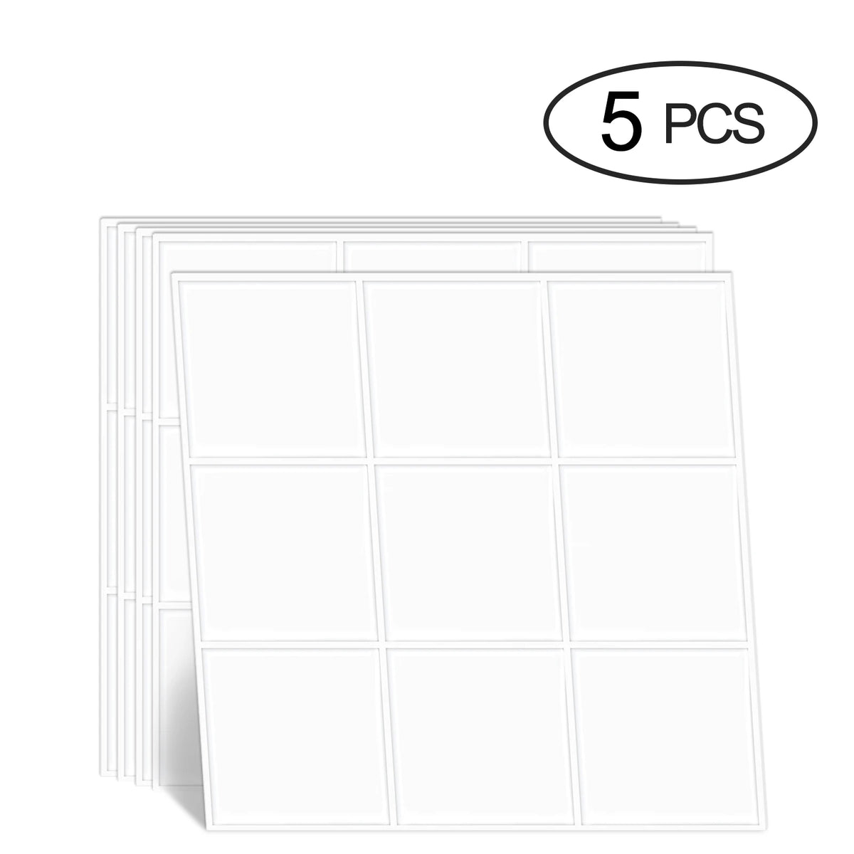 White square grid peel-and-stick tile mosaic sheets, stack of tile panels