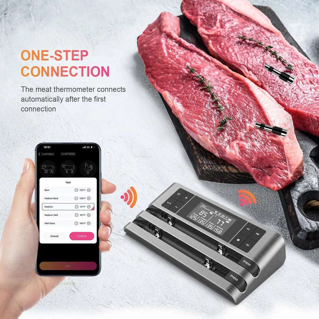 Wireless Meat Thermometer with Dual-Sensor Probe, Real-Time Ambient & Food Temperature Tracking for Precise Cooking Control