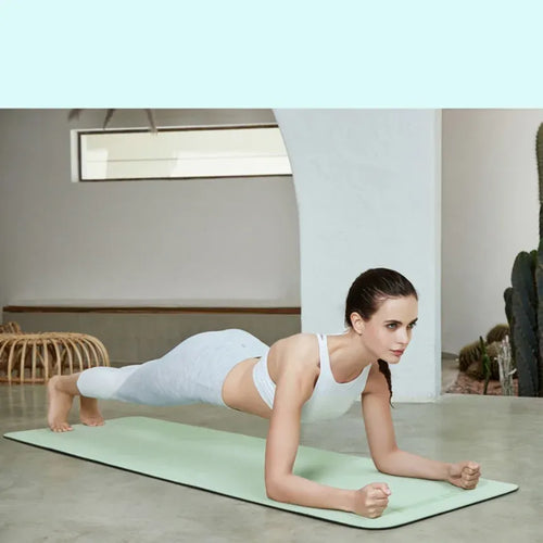 Anti-slip yoga mat side view, eco-friendly smart yoga mat for women's home fitness and pilates exercise workouts.