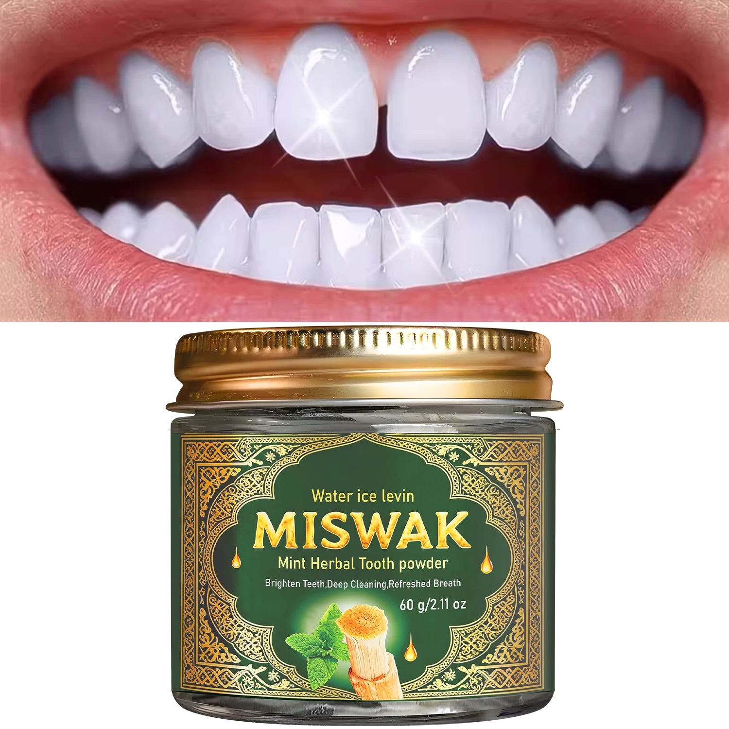 Tidesmit Miswak Mint Herbal Tooth Powder for deep cleansing, teeth brightening, and fresh breath.