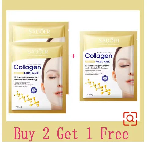 Collagen facial mask sachets, side-by-side gold foil packets with face graphic
