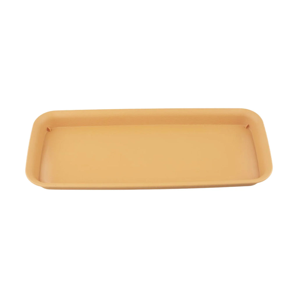 Rectangular beige plastic plant water tray, flat top view