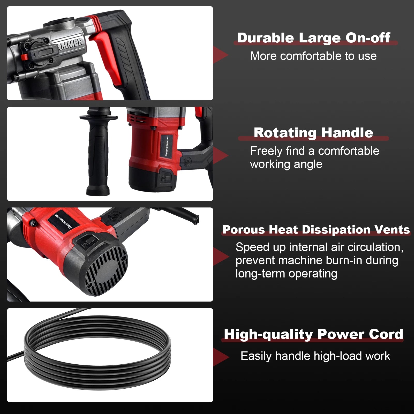 Hammer Drill, 2000W Electric Power Drill for Concrete with Safety Clutch, Vibration Control, 3 Modes Heavy Duty Concrete Tools, Includes Bits, Flat/Point Chisels Set With Case