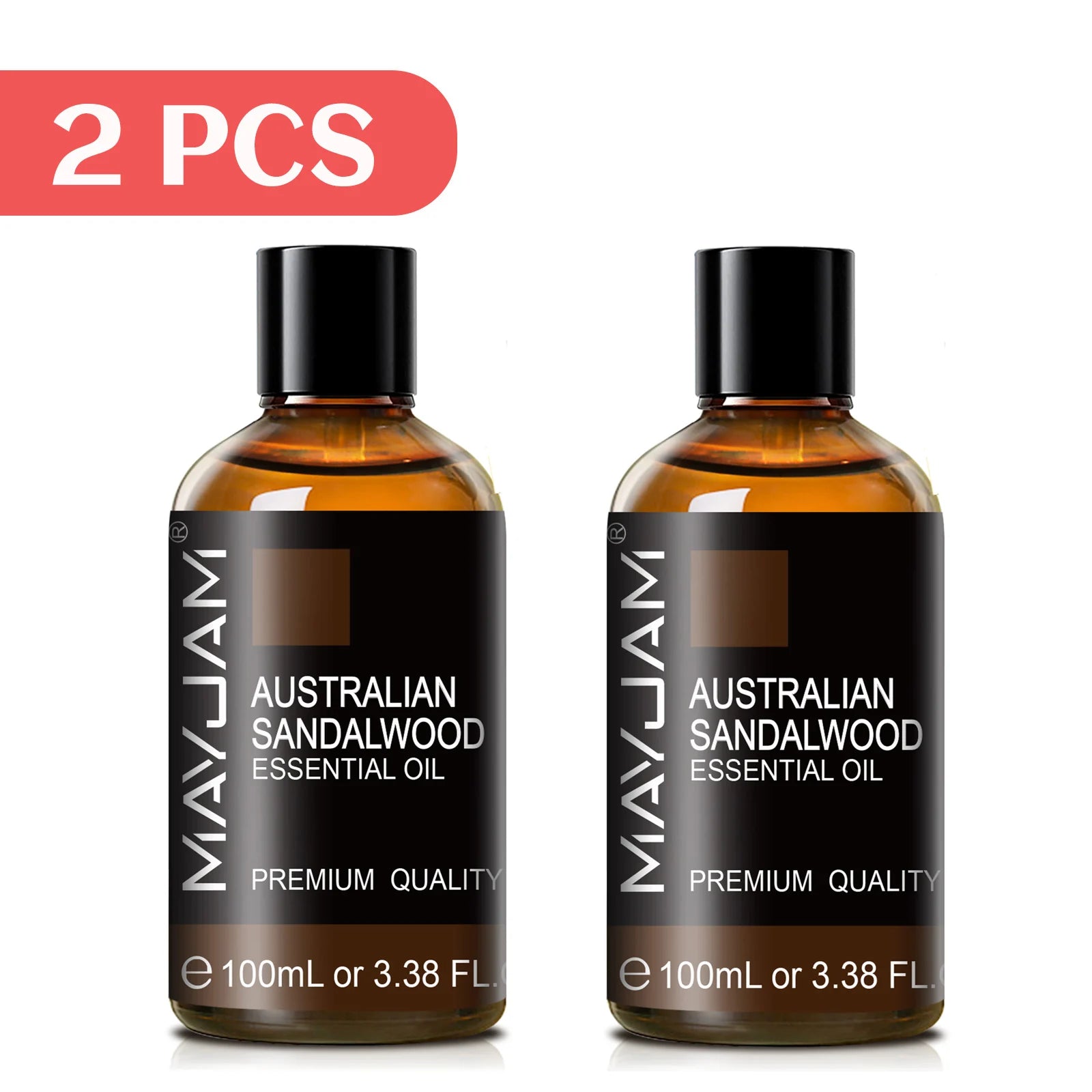 Australian sandalwood essential oil, 2x100ml amber bottles with black caps.