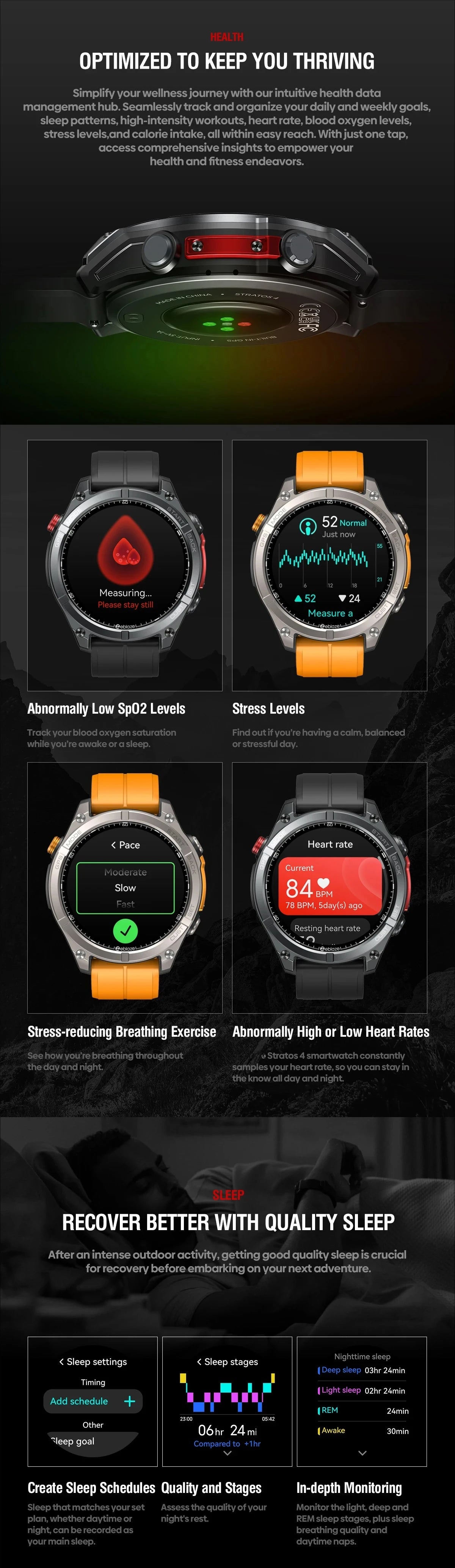 Stratos 4 GPS Smart Watch 1.43 AMOLED Display Built-in Compass Barometric Altimeter Flashlight Voice Call Smartwatch