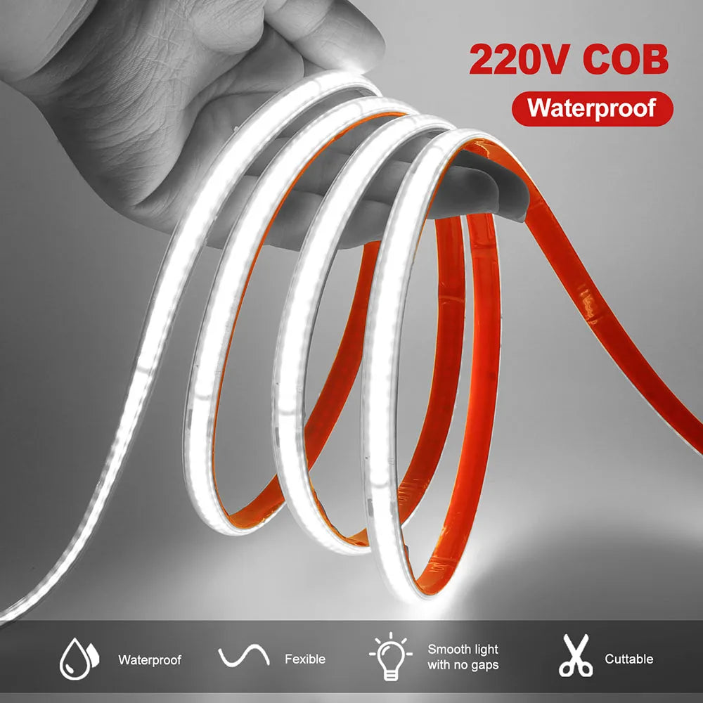 220V RA90 COB LED Strip Light Bright Waterproof Driver Build In 10cm Can Be Cut 240LEDs/M Flexible Adhesive Tape Home Decoration