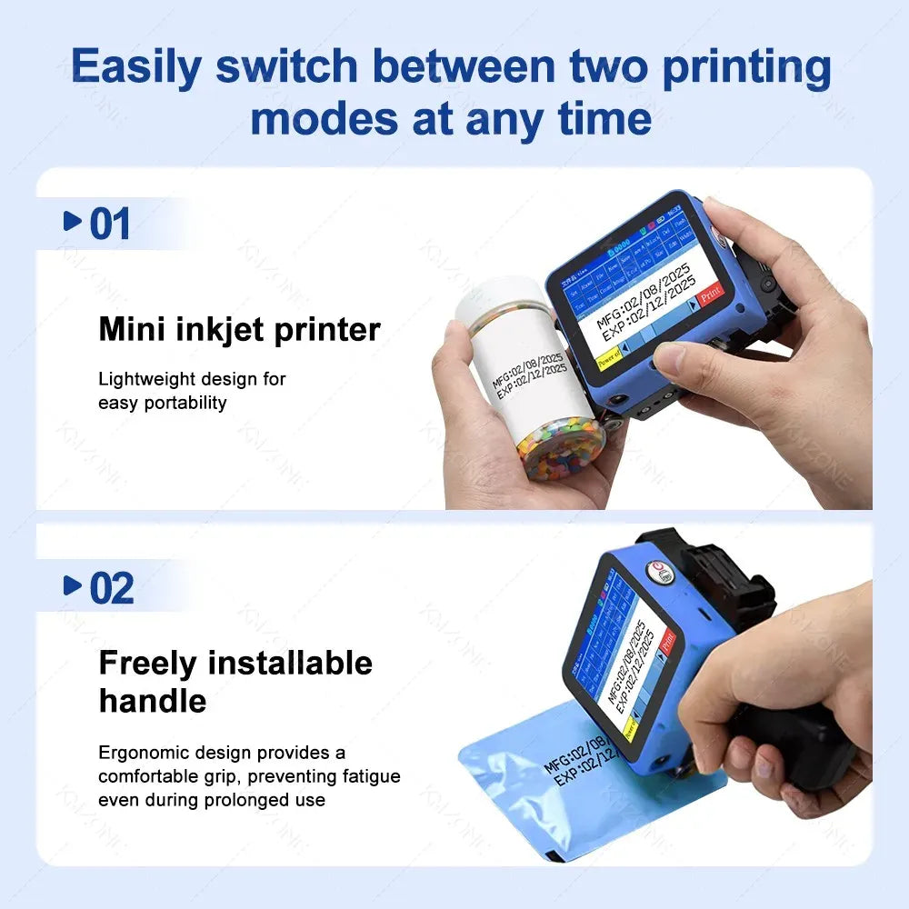 Close-up of hands using a blue mini inkjet printer with small display
