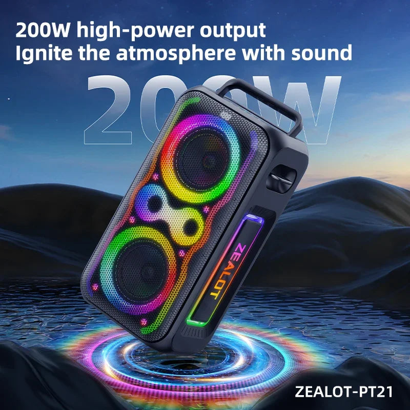 Zealot-PT21 Large Portable Bluetooth Speaker Loudest，200W Deep Bass, V5.3 Big Party Boombox Wireless Speaker For Camping Hiking
