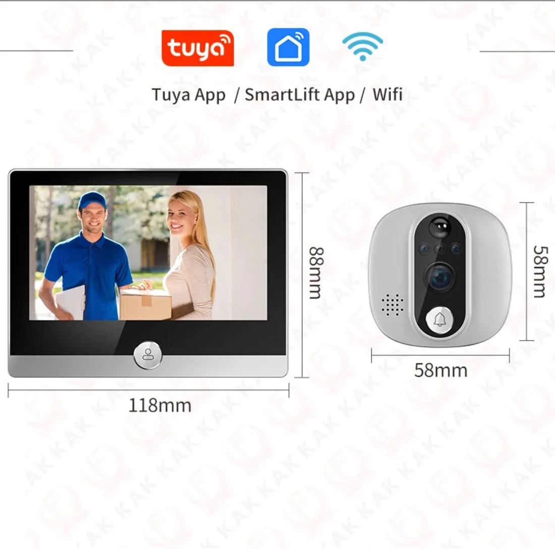 Tuya 1080p WiFi doorbell camera with gray peephole unit and 2-way display, app icons