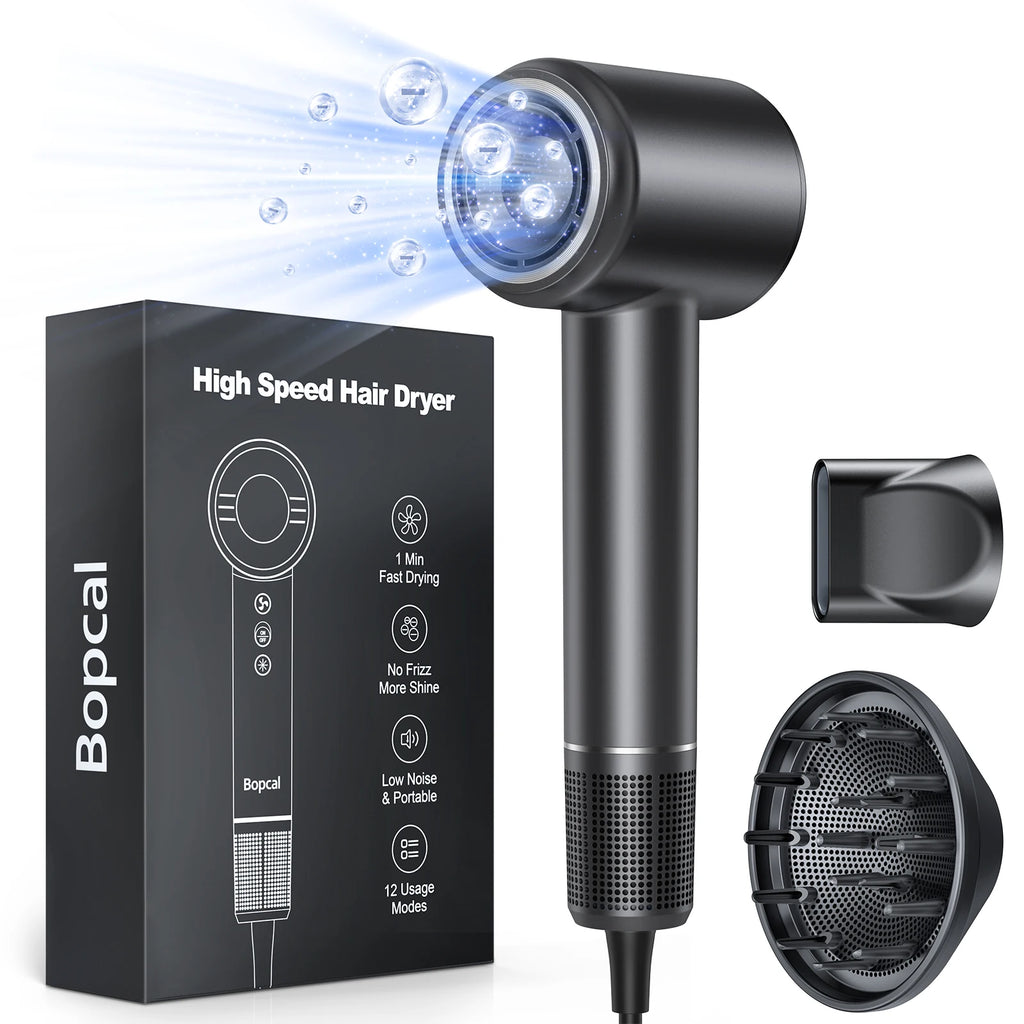 Black high-speed ionic hair dryer with diffuser, concentrator nozzle, and packaging. Portable 120k RPM styling tool.
