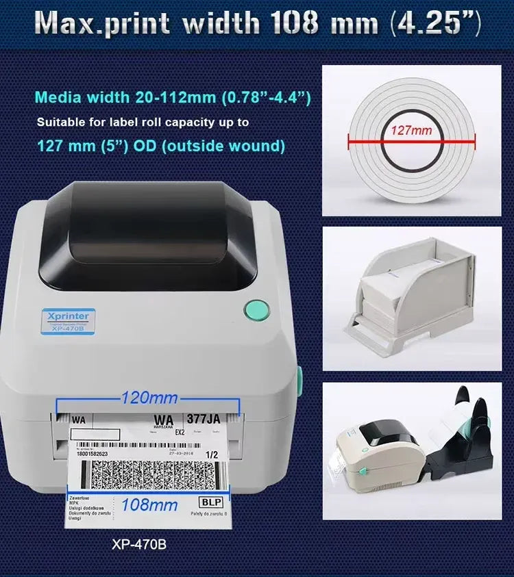 Desktop thermal label printer showing label roll area and paper feed tray