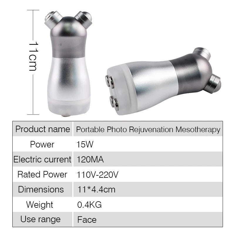 Portable facial rejuvenation mesotherapy device, 11cm, silver, shaped with dual treatment heads for skin treatment.