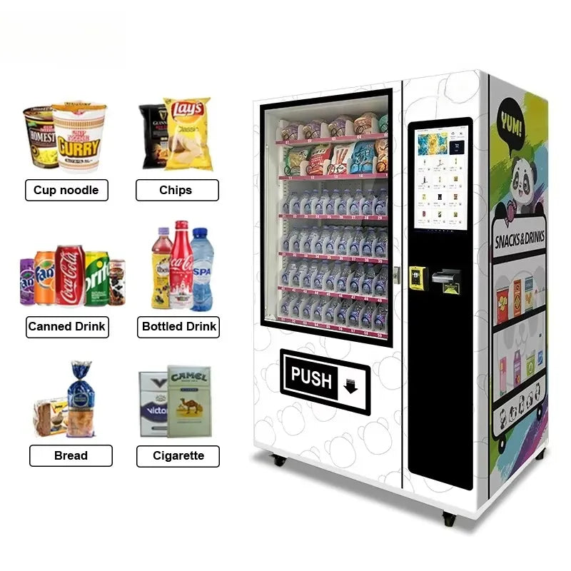 Vending machine with product icons and open front showing rows of snack and drink storage