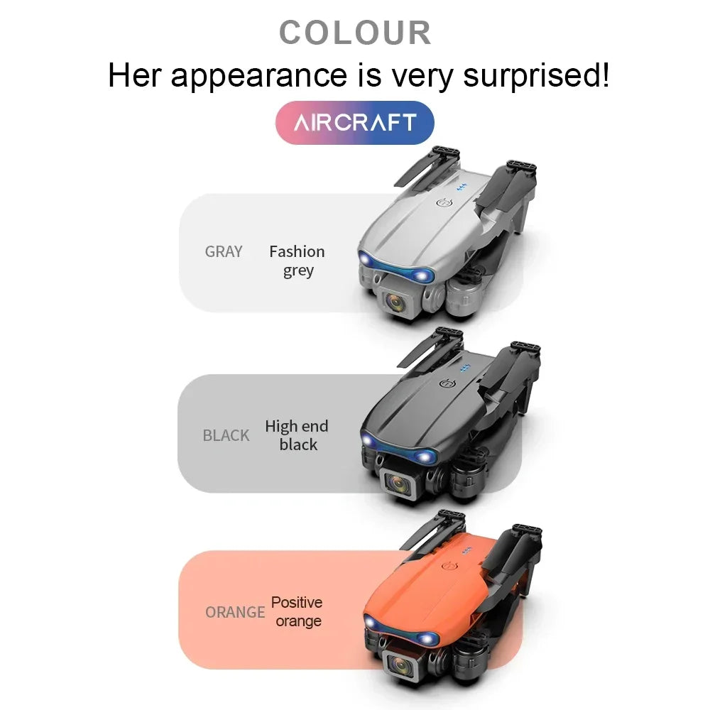 Foldable camera drone available in gray, black, and orange with front-facing camera and propellers.