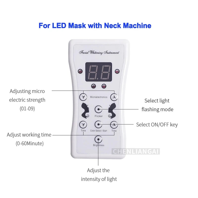 White remote control for 7-color LED face mask featuring digital timer, intensity, and light mode adjustment buttons.