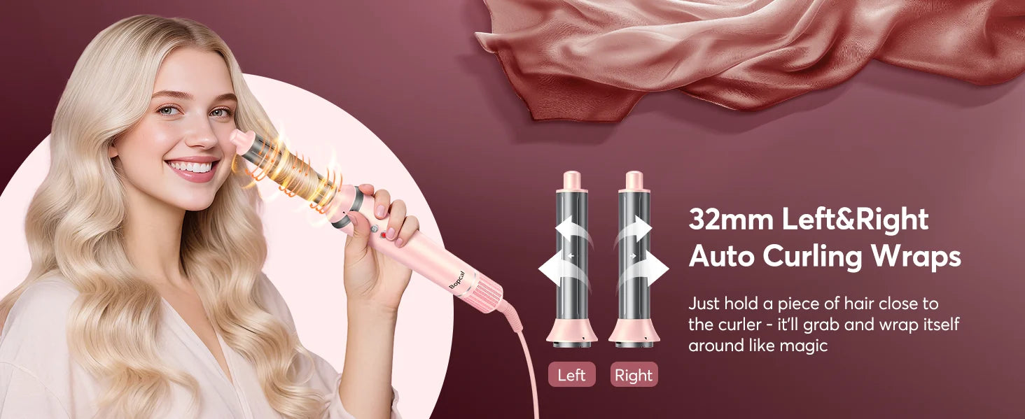5-in-1 pink hot air styler with 32mm left & right auto-wrap curling attachments for professional hair styling.