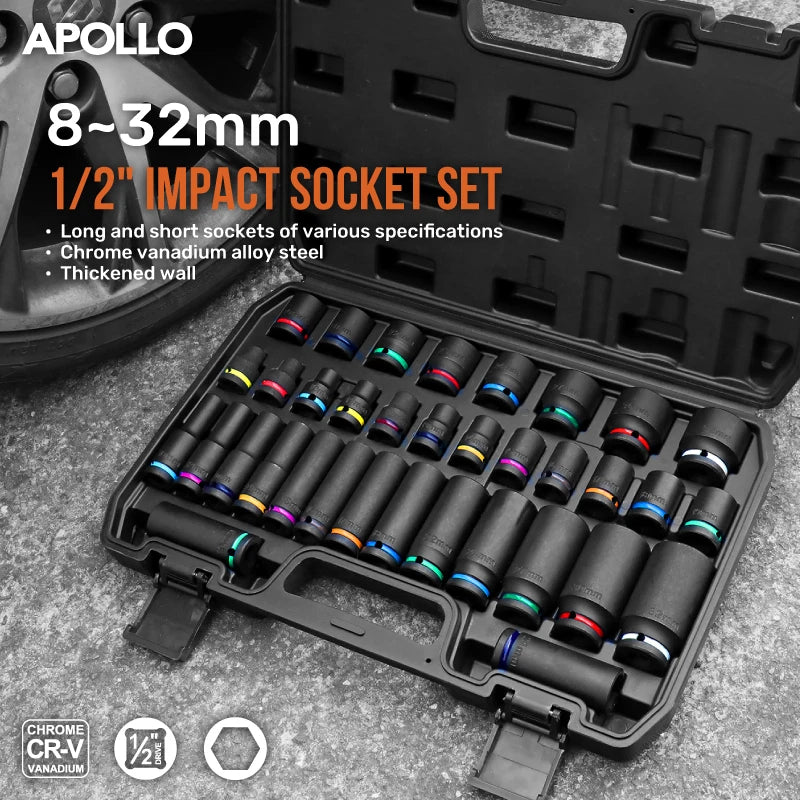 Apollo 1/2" Drive Impact Socket Set 10PC 8-24mm, Thick-Wall CrV Steel Pneumatic Sockets w/Color Rings, Auto Repair Kit for Tire