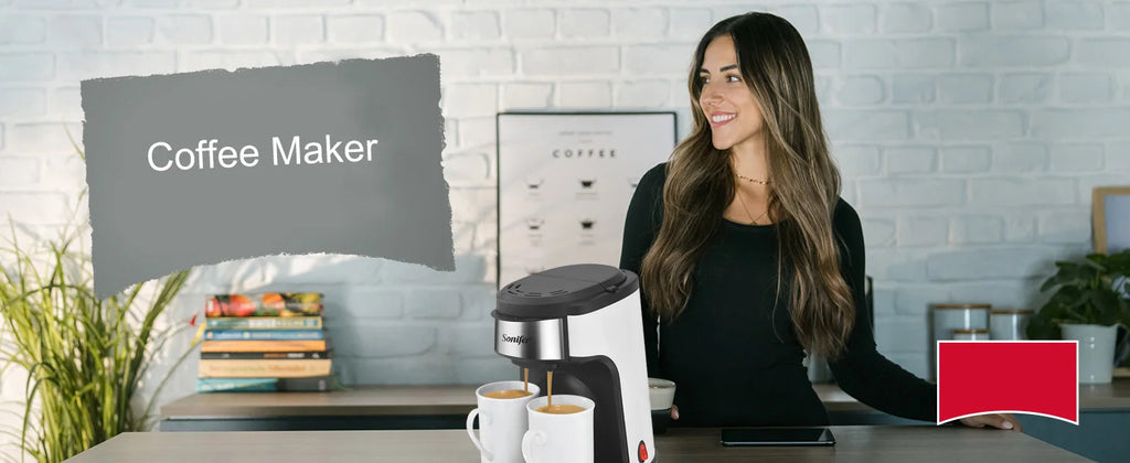 Sonifer compact white and black dual-cup coffee maker brewing fresh coffee in a kitchen setting.