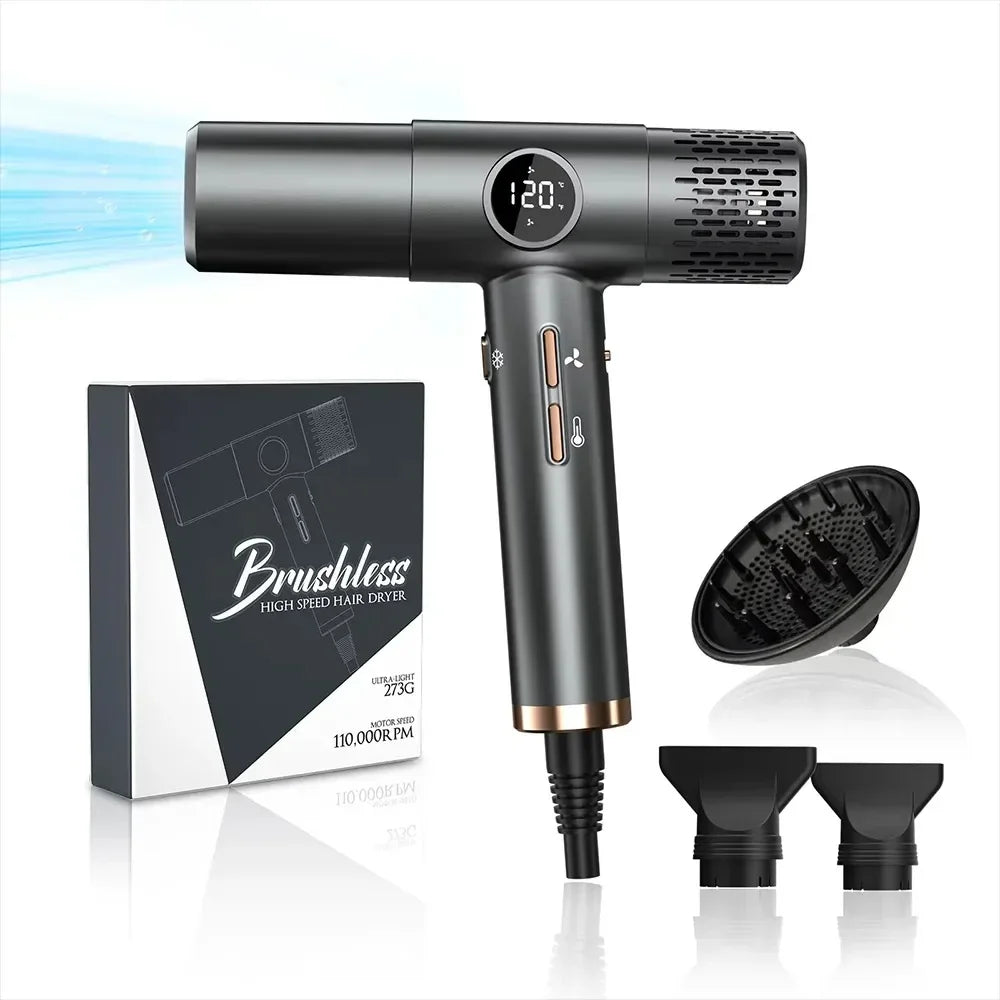 Dark grey high-speed hair dryer with LCD display, 110k RPM brushless motor, diffuser, nozzles, and sleek design.