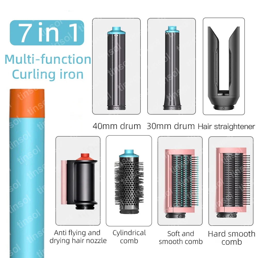 7-in-1 high-speed hair dryer set with curling barrels, straightener, and styling combs in modern gray and pink design.