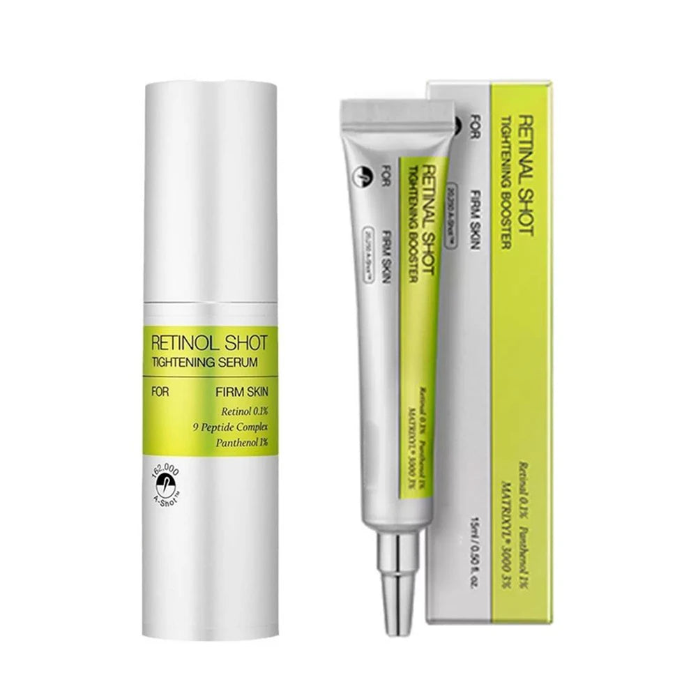 Retinol Shot serum bottle and eye cream tube with green and white packaging on a white background.