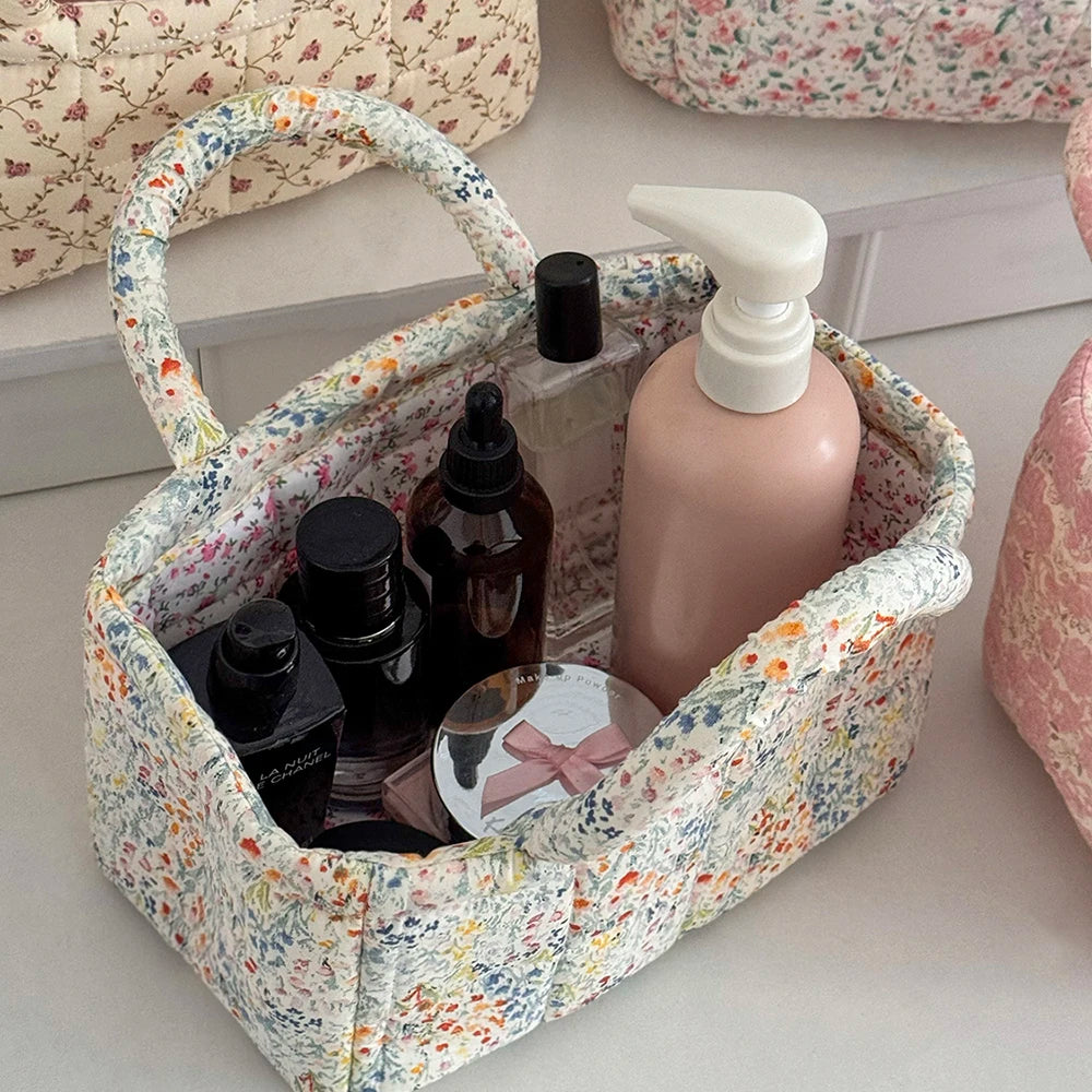 Airfriend Cute Pink Flower Organizers Basket With Handle Home Room Quilted Foldable Storage Basket For Pet Toys Organizer Basket