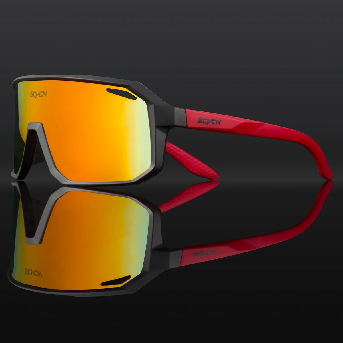 Cycling UV400 sunglasses with orange mirrored lenses and dark gray frame with red arms